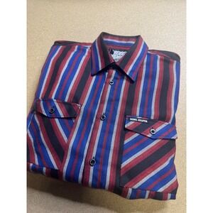 Rebel Reaper Mens Premium Flannel Shirt‎ Red Blue Black Striped Button Up Medium
